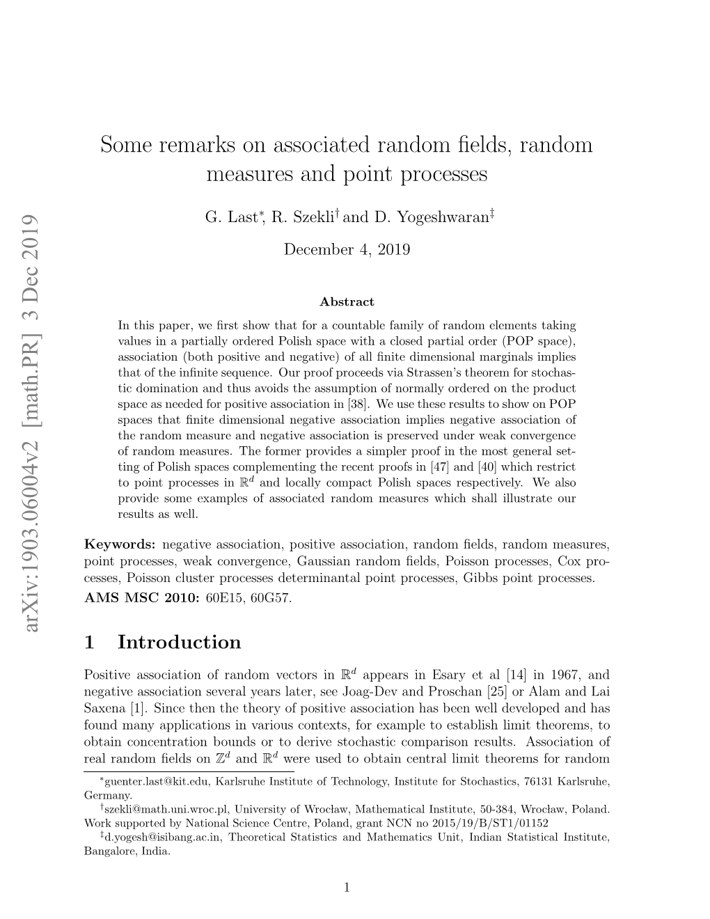 [Math.PR] 3 Dec 2019 Some Remarks on Associated Random Fields