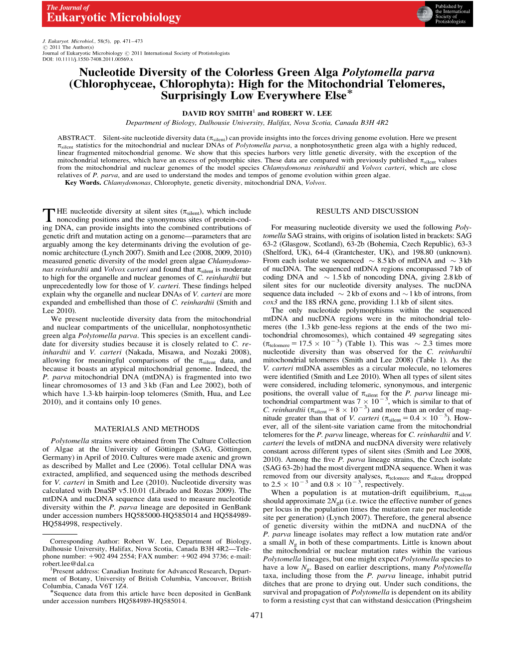 Nucleotide Diversity of the Colorless Green Alga Polytomella Parva (Chlorophyceae, Chlorophyta): High for the Mitochondrial Telo