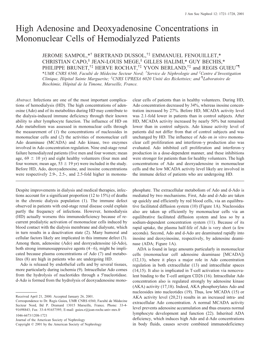 High Adenosine and Deoxyadenosine Concentrations in Mononuclear Cells of Hemodialyzed Patients