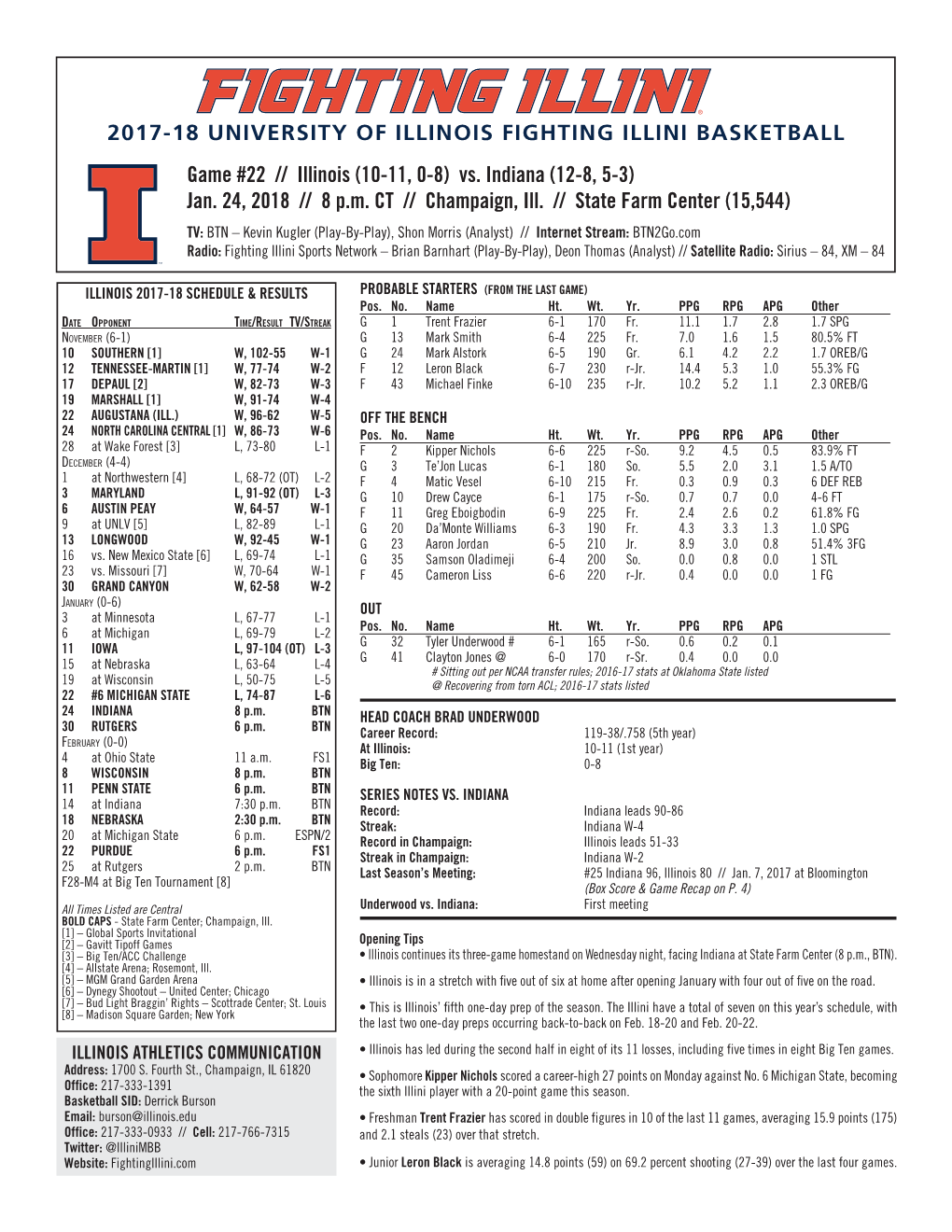 Game #22 // Illinois (10-11, 0-8) Vs. Indiana (12-8, 5-3) Jan. 24, 2018 // 8 P.M