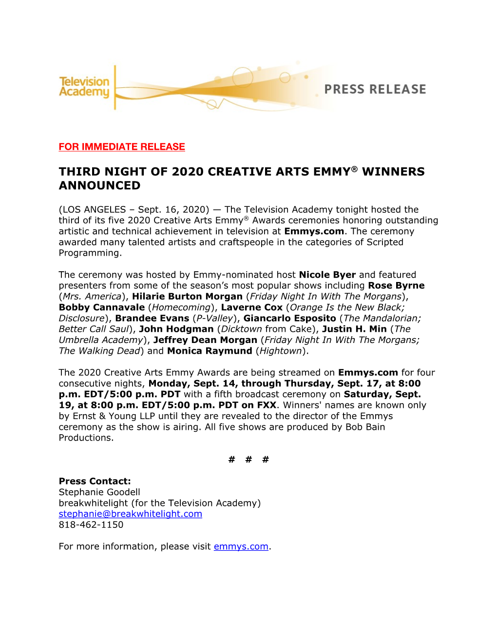 Third Night of 2020 Creative Arts Emmy® Winners Announced