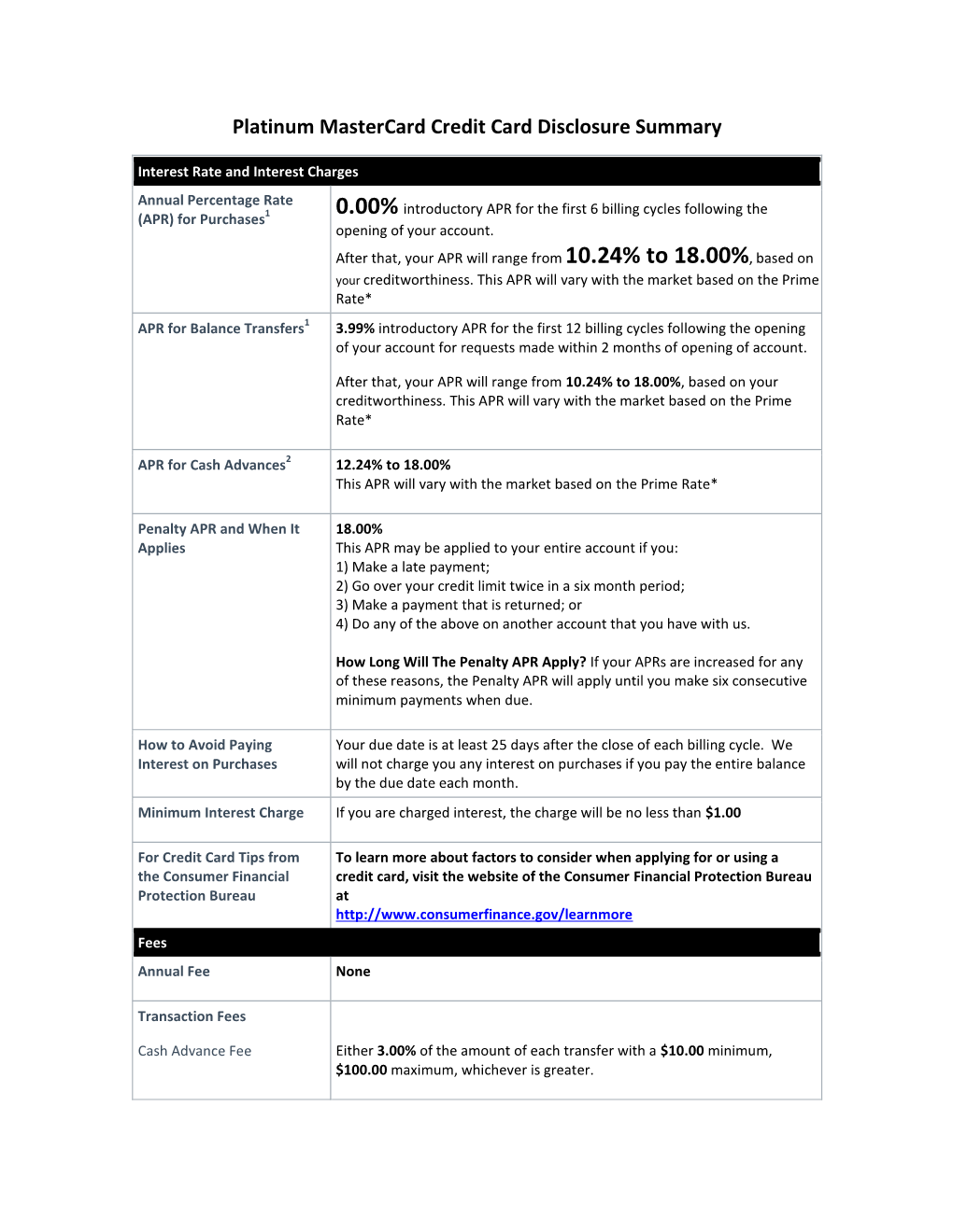 Platinum Mastercard Credit Card Disclosure Summary