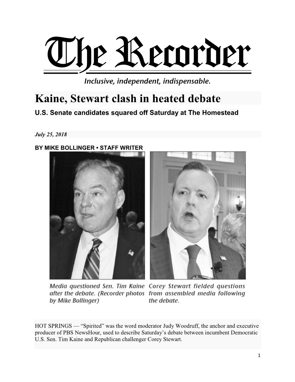 Kaine, Stewart Clash in Heated Debate U.S