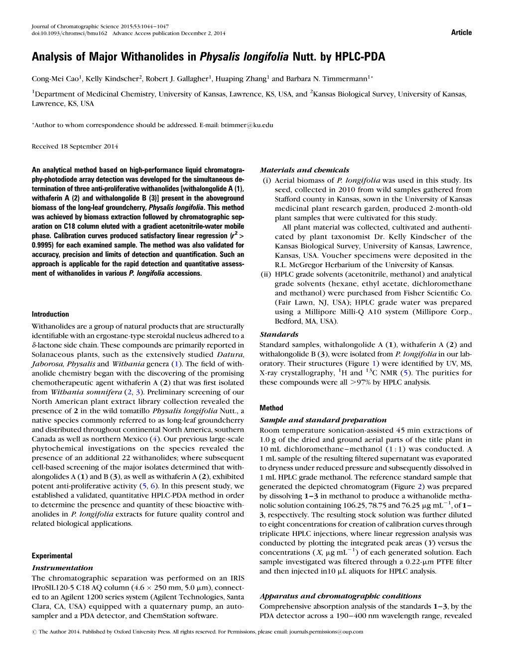 Analysis of Major Withanolides in Physalis Longifolia Nutt. by HPLC-PDA