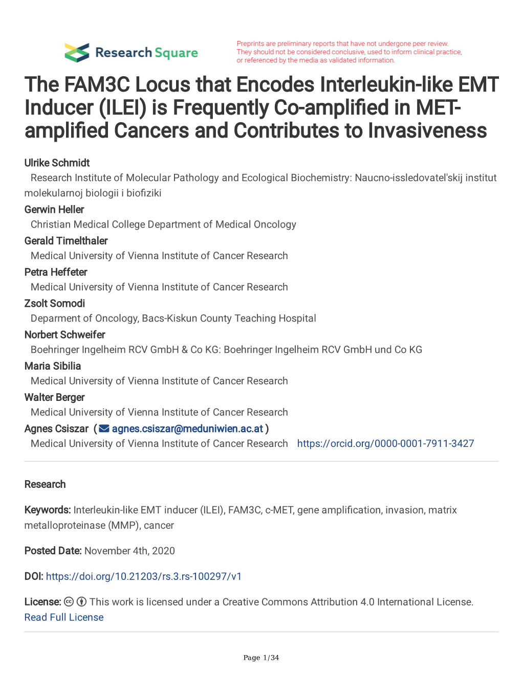 The FAM3C Locus That Encodes Interleukin-Like EMT Inducer (ILEI) Is Frequently Co-Amplifed in MET- Amplifed Cancers and Contributes to Invasiveness