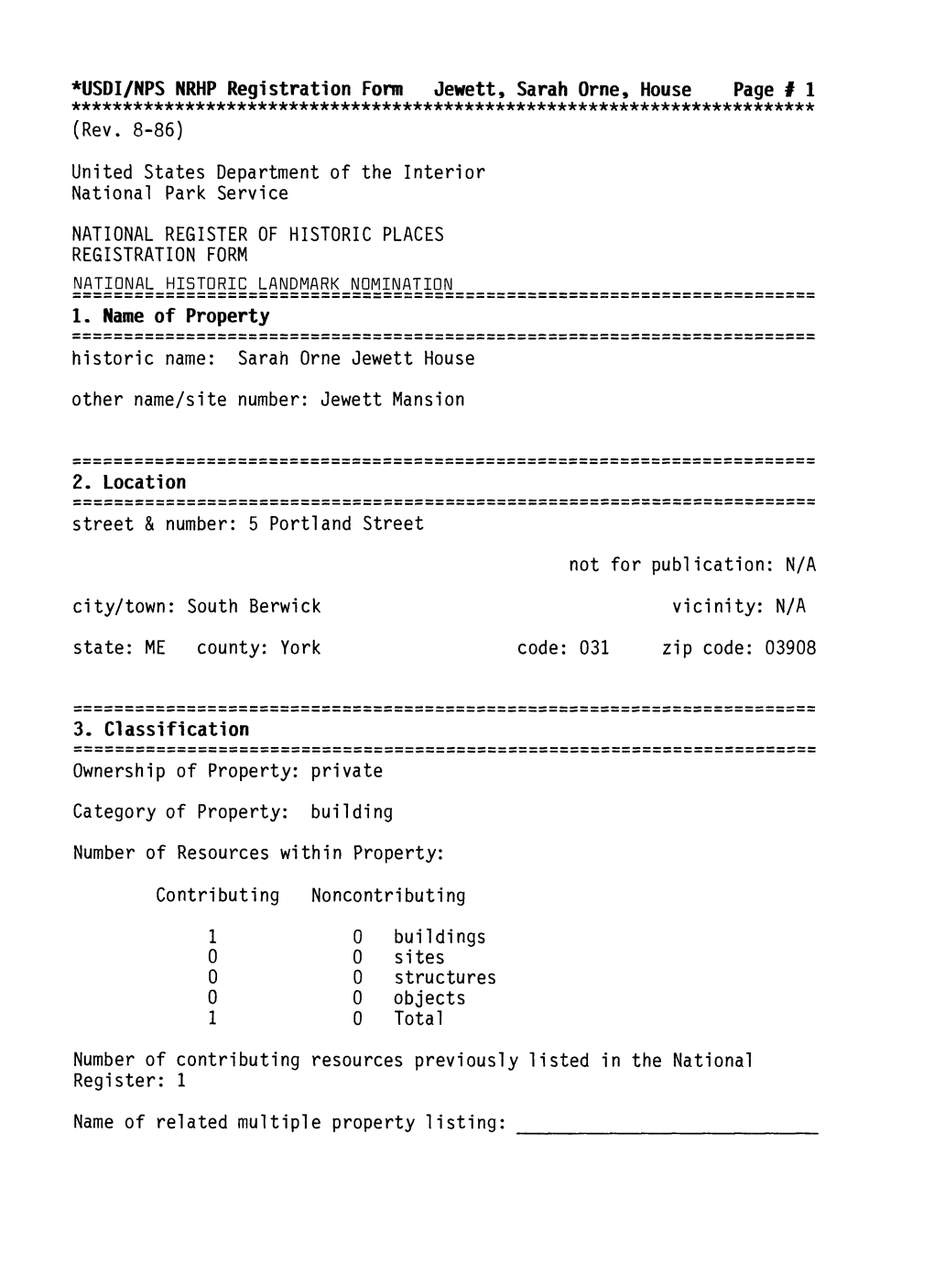 USDI/NPS NRHP Registration Form Jewett, Sarah Orne, House Page F 1 (Rev