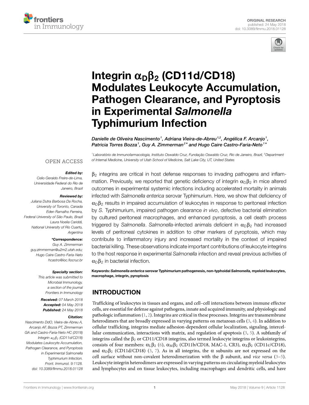 Integrin Αdβ2 (Cd11d/CD18) Modulates Leukocyte Accumulation, Pathogen Clearance, and Pyroptosis in Experimental Salmonella Typhimurium Infection