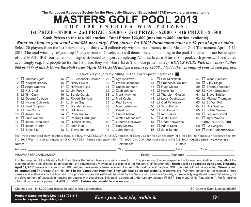 Masters Golf Pool 2013