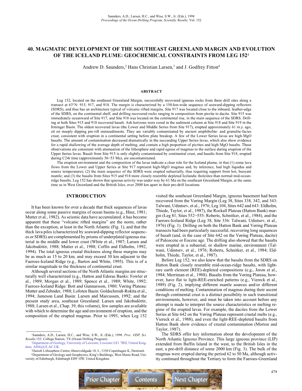 40. Magmatic Development of the Southeast Greenland Margin and Evolution of the Iceland Plume: Geochemical Constraints from Leg 1521