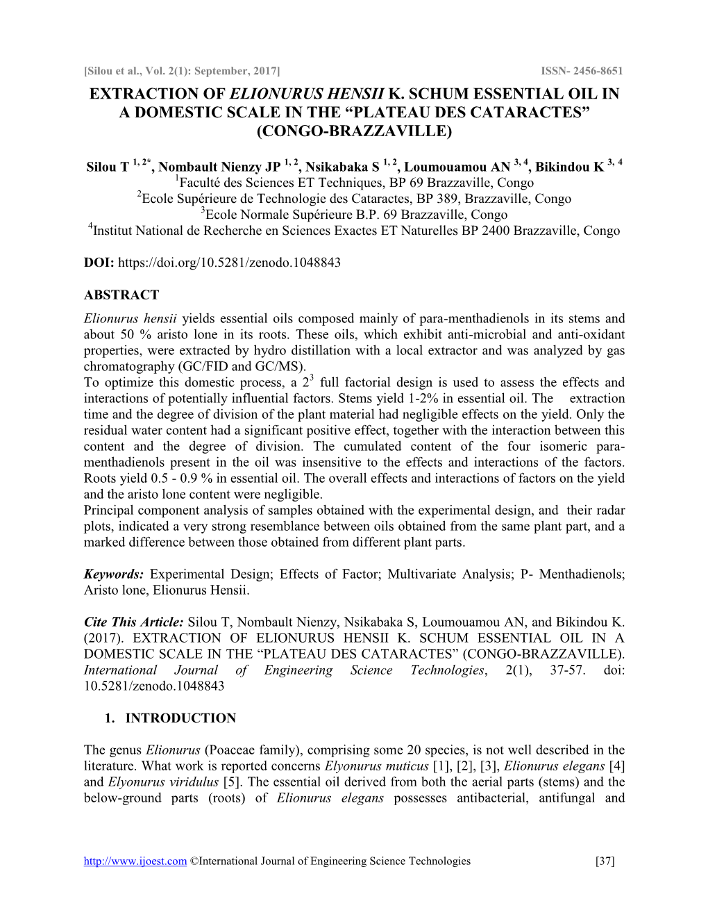 Extraction of Elionurus Hensii K. Schum Essential Oil in a Domestic Scale in the “Plateau Des Cataractes” (Congo-Brazzaville)