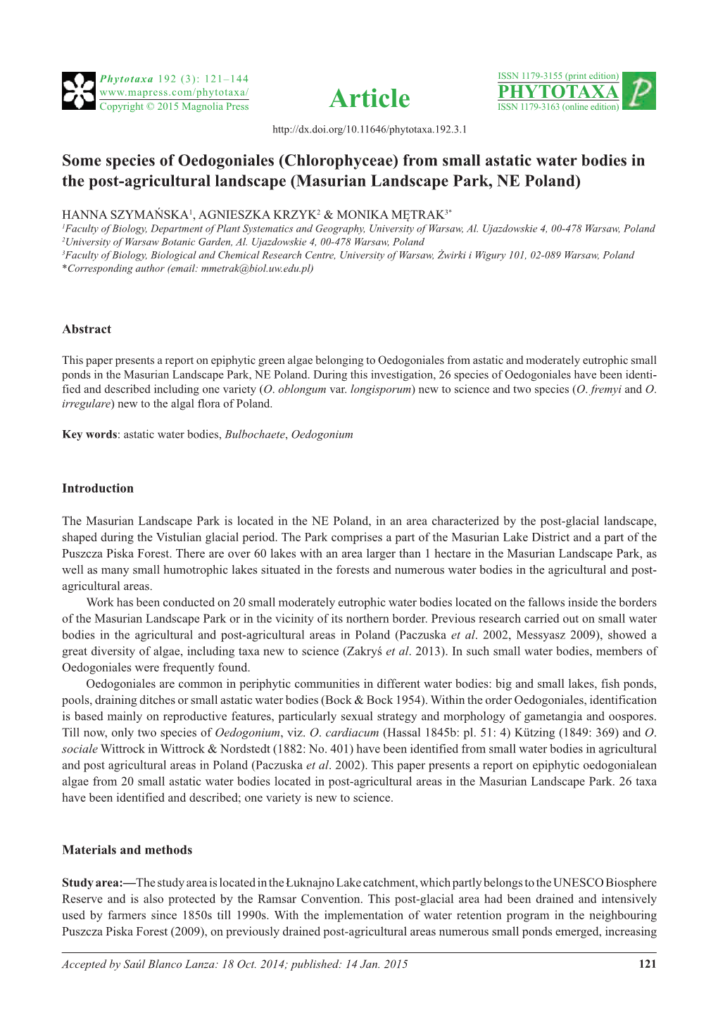 From Small Astatic Water Bodies in the Post-Agricultural Landscape (Masurian Landscape Park, NE Poland)