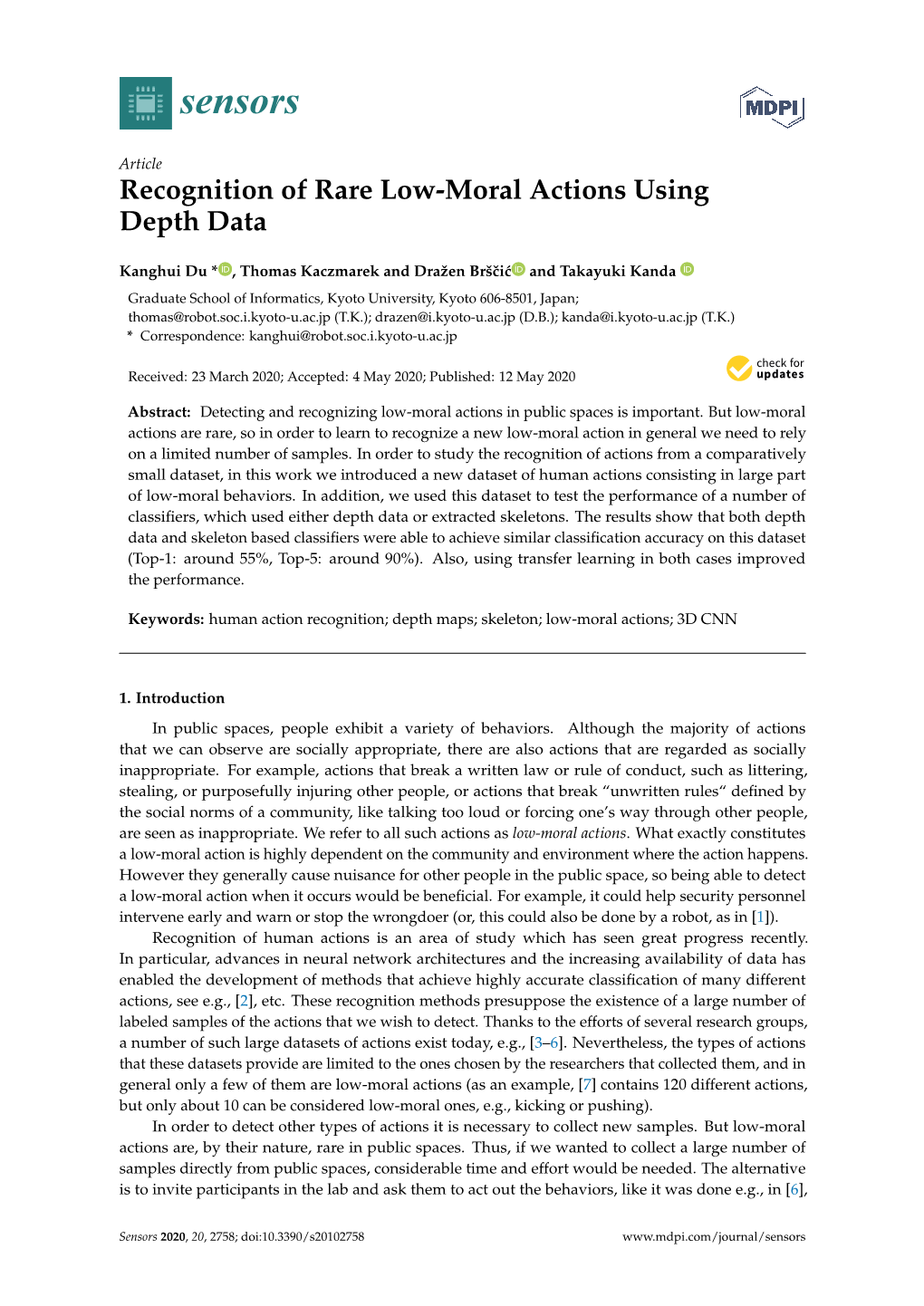 Recognition of Rare Low-Moral Actions Using Depth Data