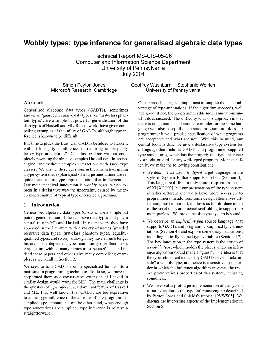 Wobbly Types: Type Inference for Generalised Algebraic Data Types