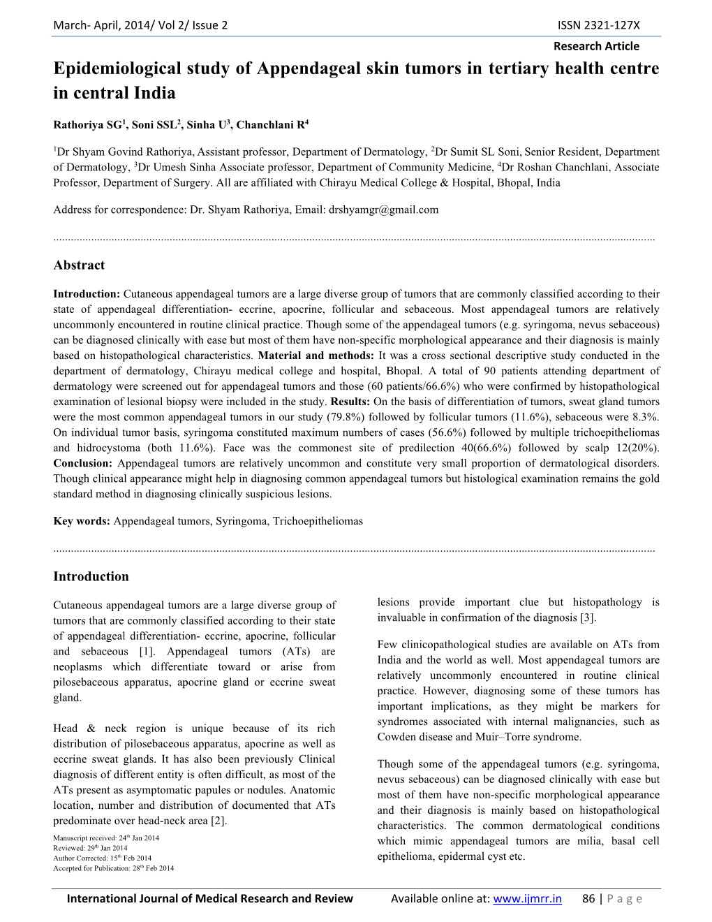 Epidemiological Study of Appendageal Skin Tumors in Tertiary Health Centre in Central India