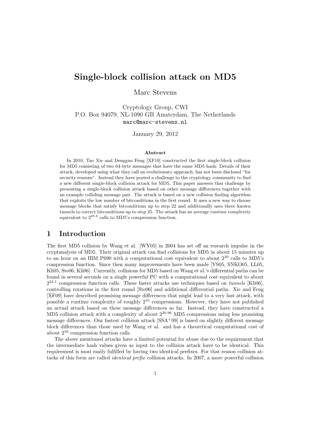 Single-Block Collision Attack for MD5