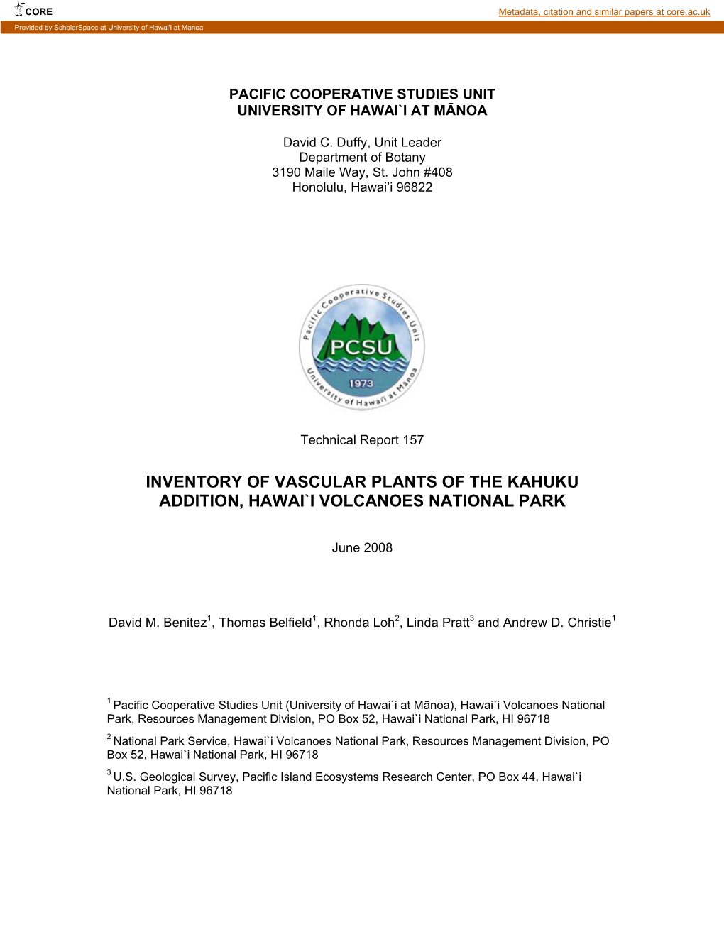 Inventory of Vascular Plants of the Kahuku Addition, Hawai'i