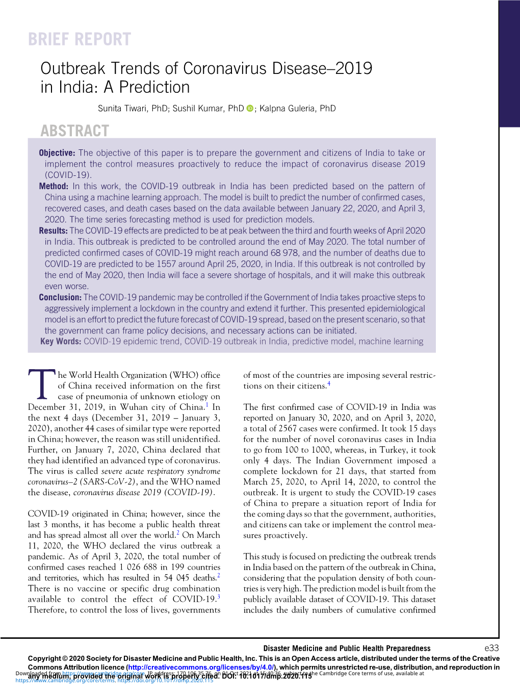 Outbreak Trends of Coronavirus Disease-2019 in India: a Prediction