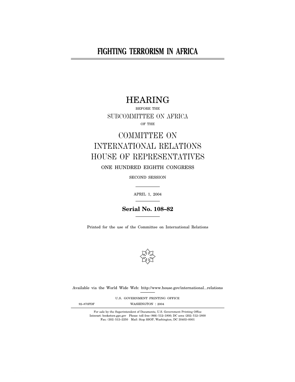 Fighting Terrorism in Africa Hearing Committee On