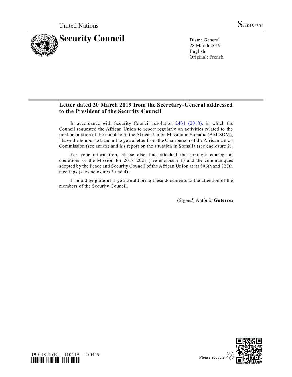 Security Council Distr.: General 28 March 2019 English Original: French