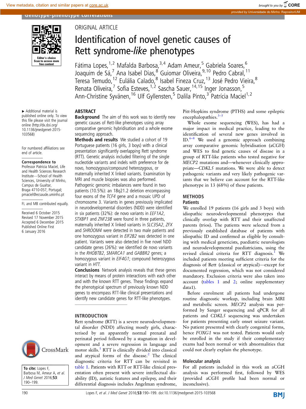 Identification of Novel Genetic Causes of Rett Syndrome-Like Phenotypes