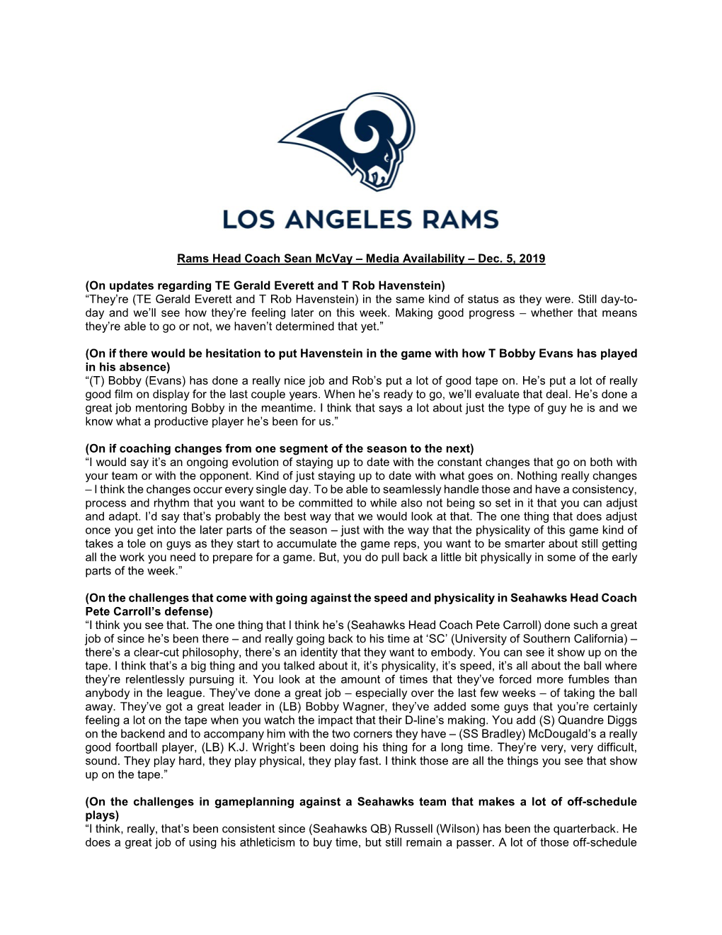 Rams Head Coach Sean Mcvay – Media Availability – Dec