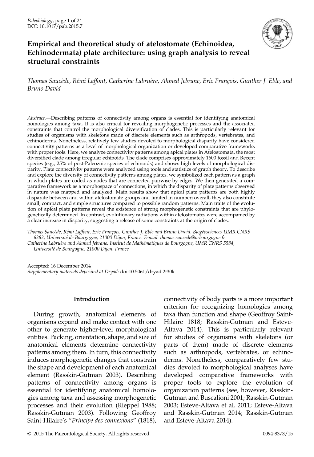 Echinoidea, Echinodermata) Plate Architecture: Using Graph Analysis to Reveal Structural Constraints