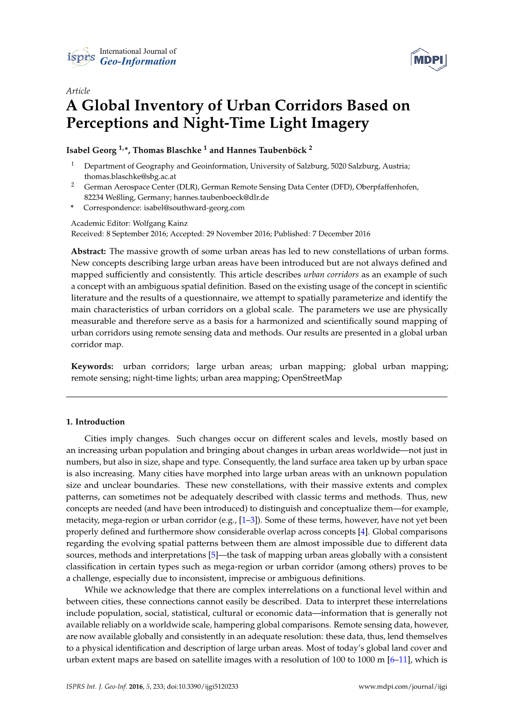 A Global Inventory of Urban Corridors Based on Perceptions and Night-Time Light Imagery