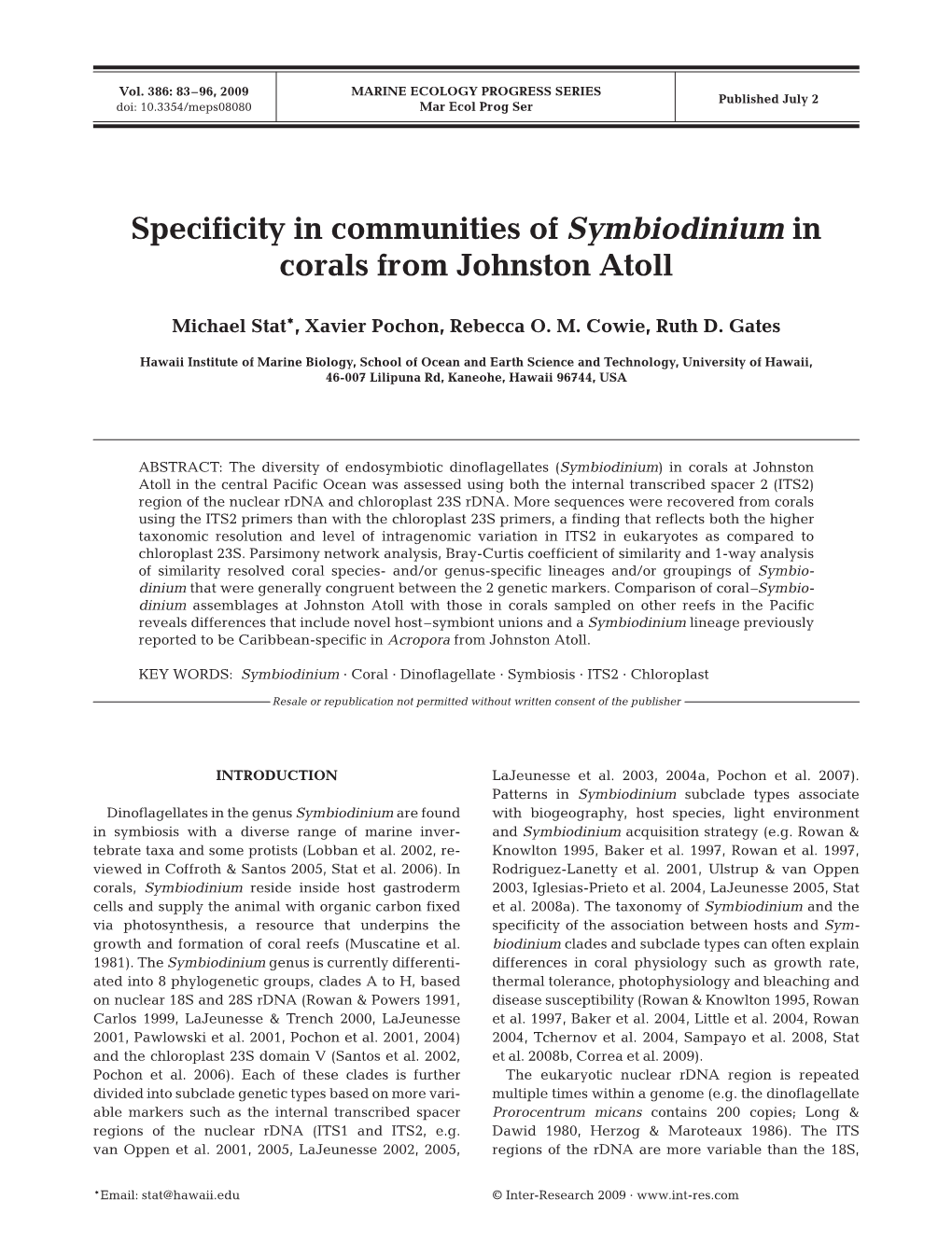 Specificity in Communities of Symbiodinium in Corals from Johnston Atoll