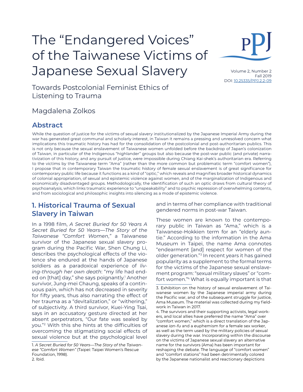 Of the Taiwanese Victims of Japanese Sexual Slavery