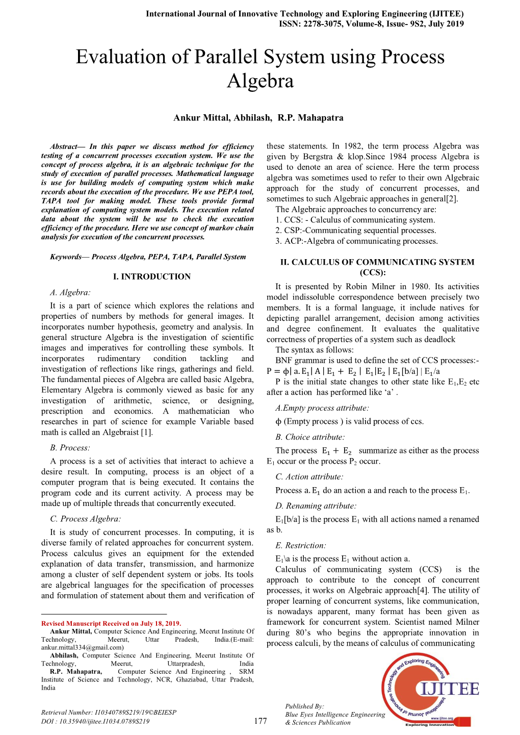 Evaluation of Parallel System Using Process Algebra