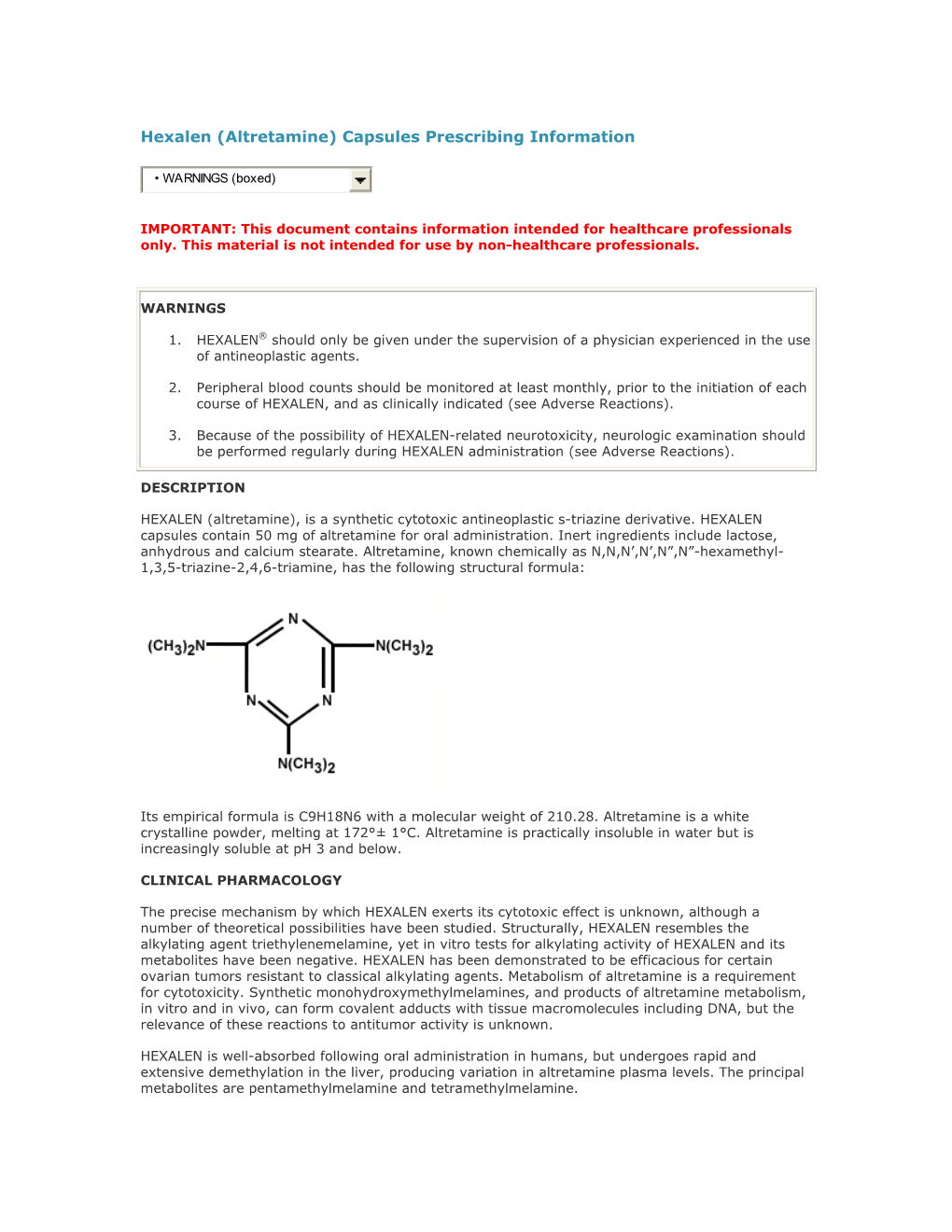 Hexalen (Altretamine) Capsules Prescribing Information