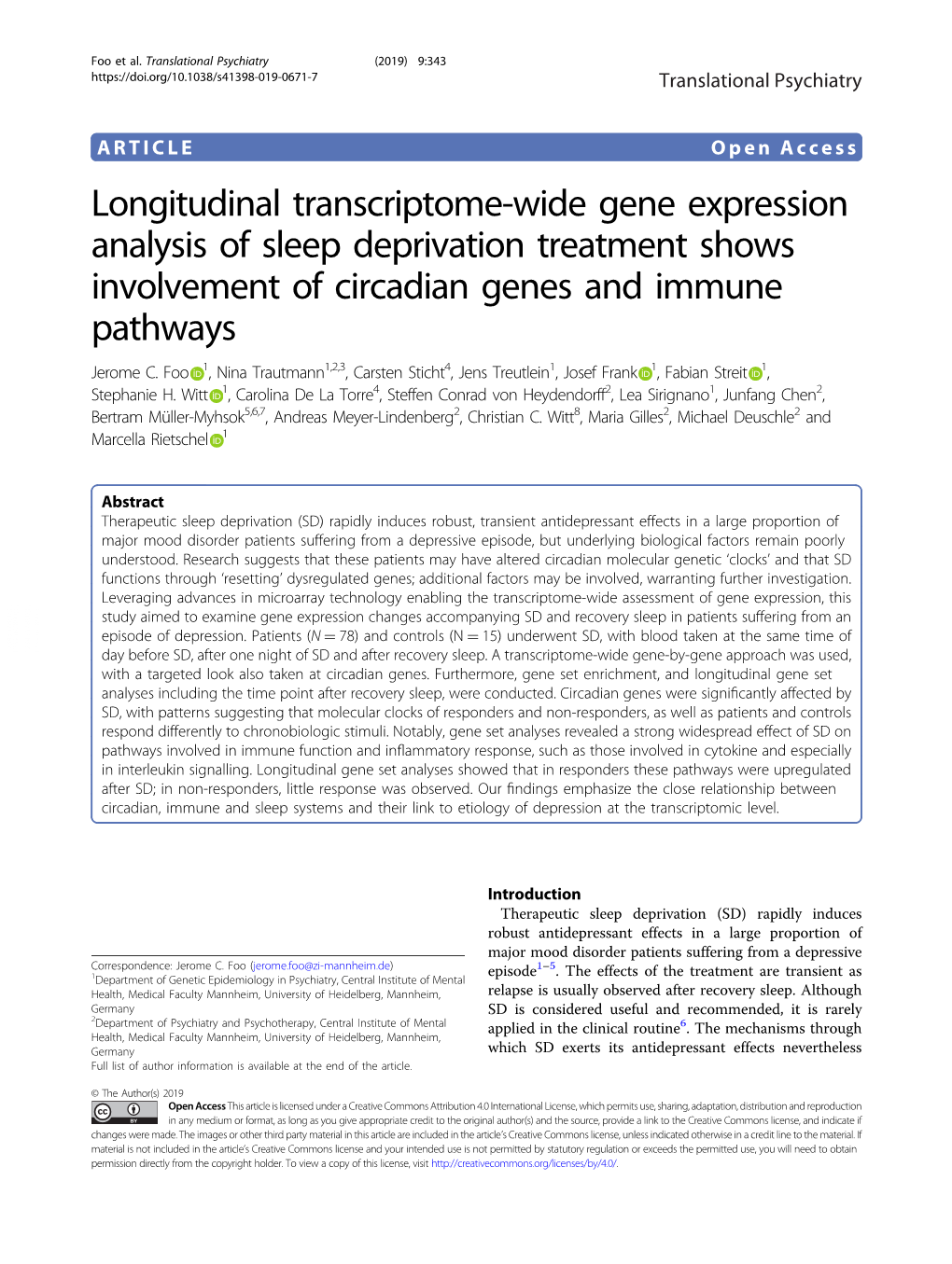 Longitudinal Transcriptome-Wide Gene Expression Analysis of Sleep Deprivation Treatment Shows Involvement of Circadian Genes and Immune Pathways Jerome C