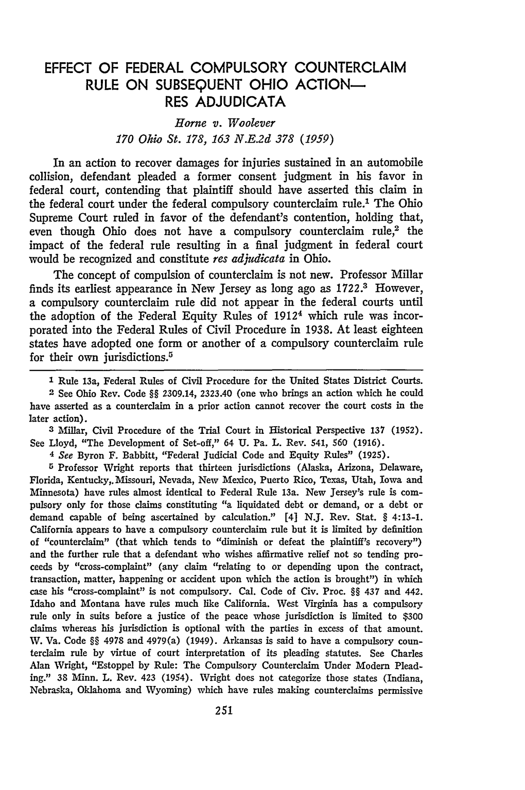 EFFECT of FEDERAL COMPULSORY COUNTERCLAIM RULE on SUBSEQUENT OHIO ACTION- RES ADJUDICATA Home V