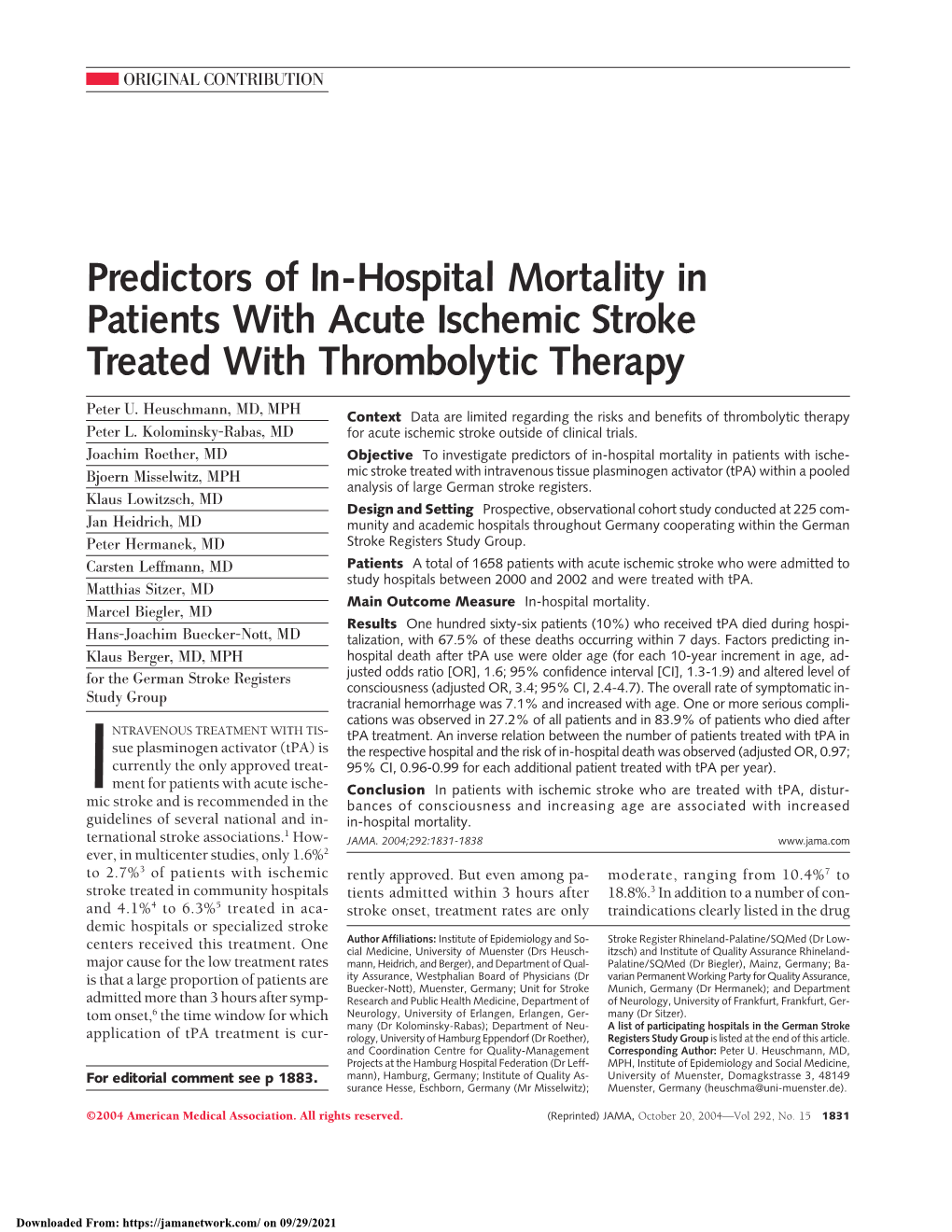 Predictors of In-Hospital Mortality in Patients with Acute Ischemic Stroke Treated with Thrombolytic Therapy