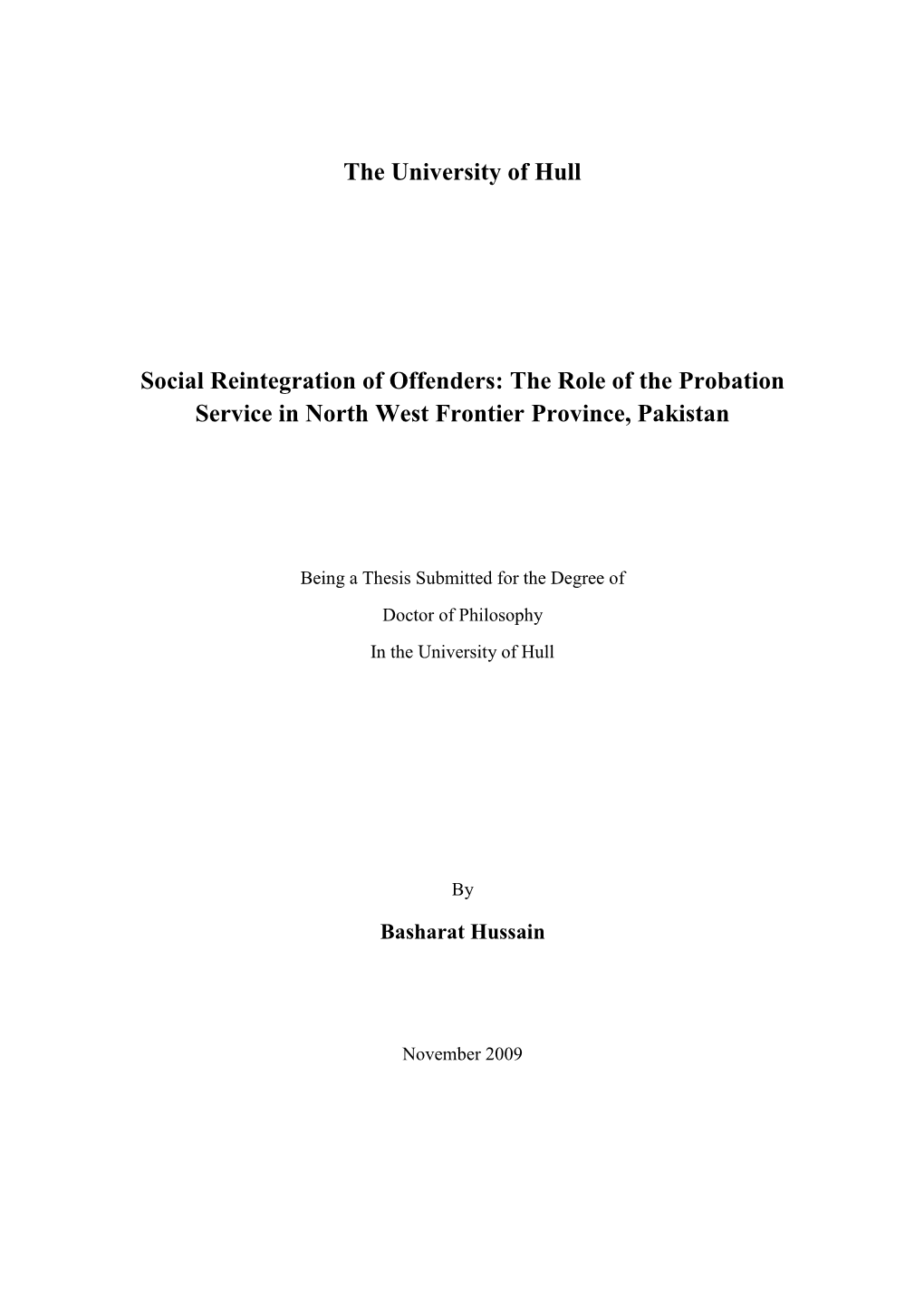 The University of Hull Social Reintegration of Offenders: The