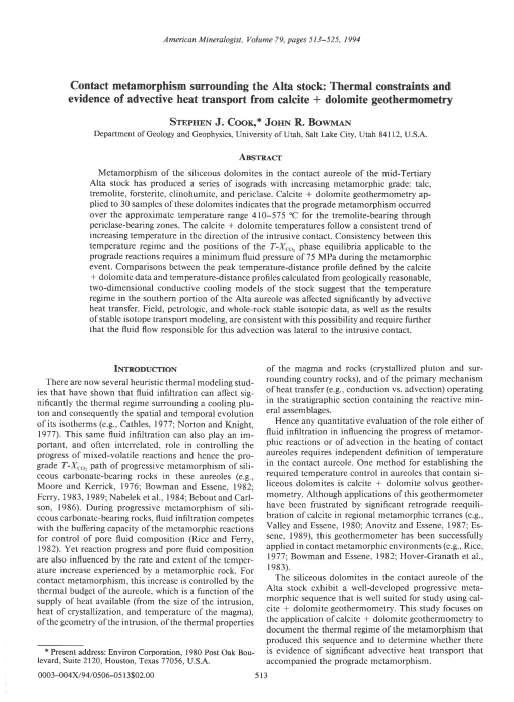 Contact Metamorphism Surrounding the Alta Stock Thermal Constraints