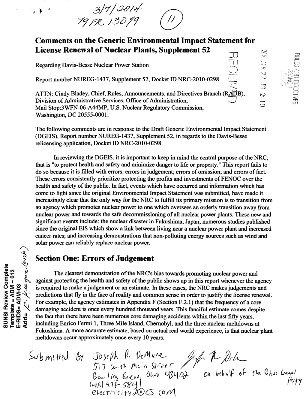 Of Joseph R. Demare, on Behalf of the Ohio Green Party, Opposing Draft Generic Environmental Impact Statement