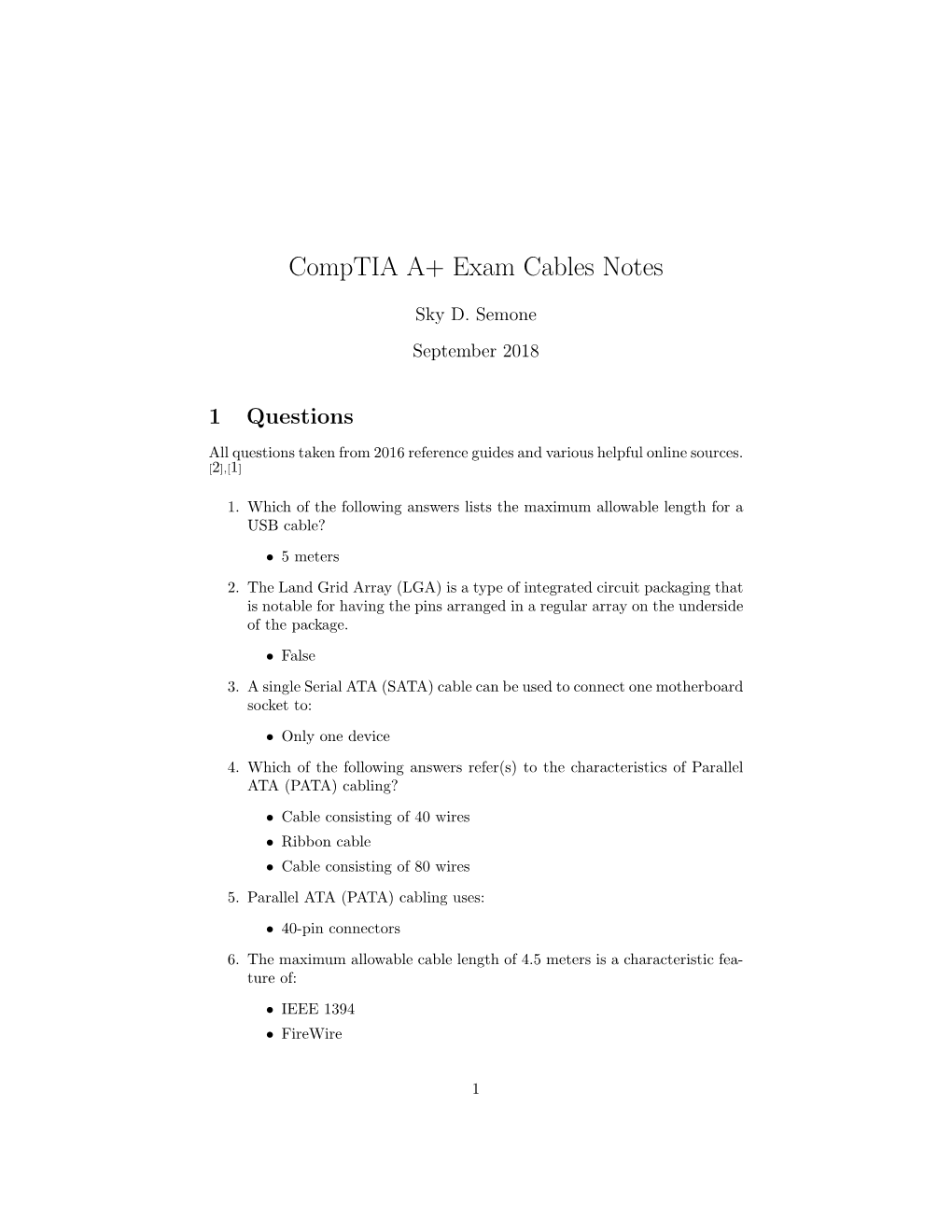 Comptia A+ Exam Cables Notes