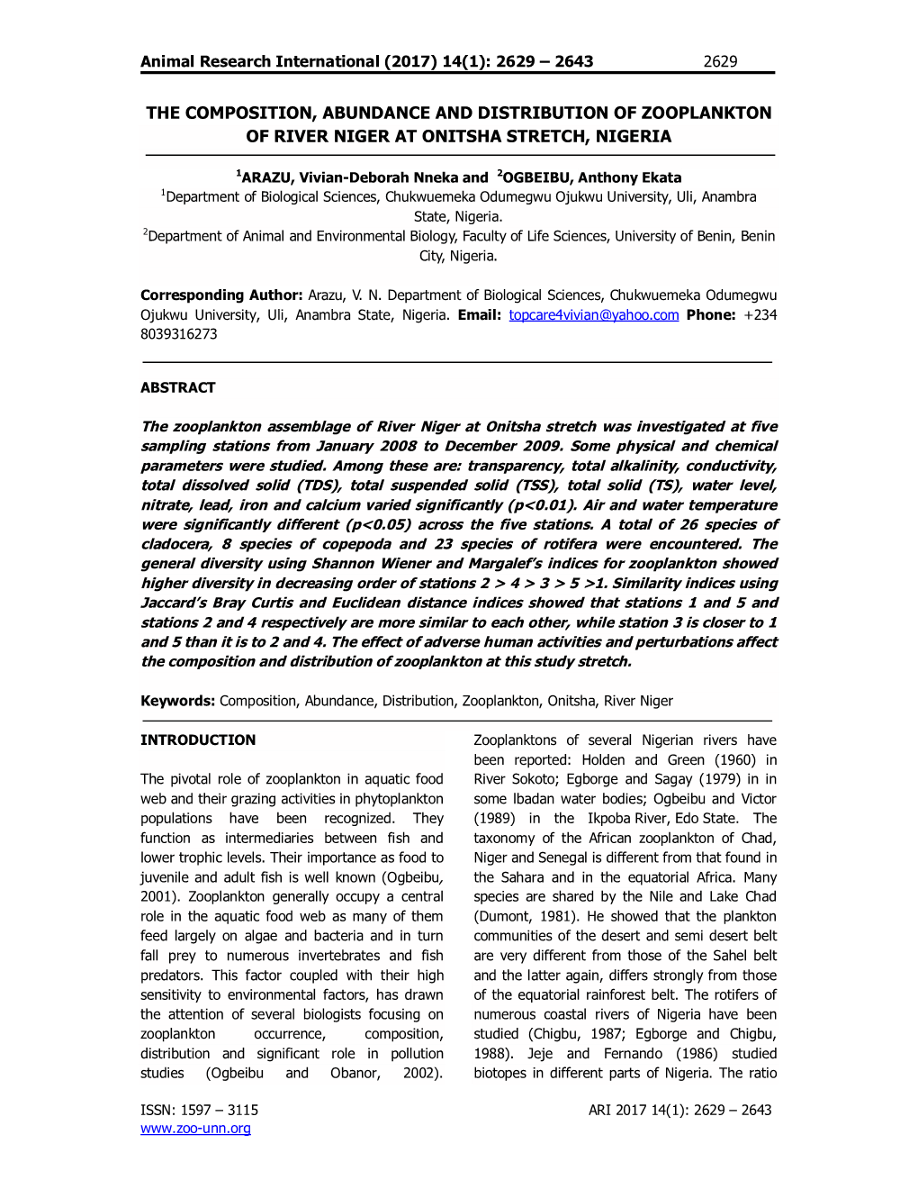 The Composition, Abundance and Distribution of Zooplankton of River Niger at Onitsha Stretch, Nigeria