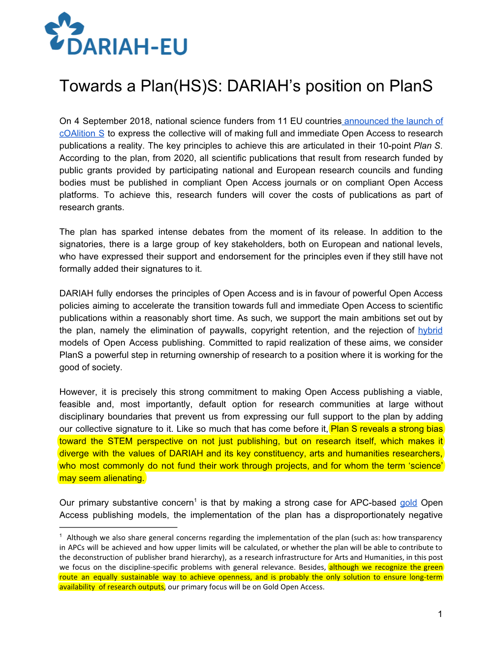 Towards a Plan(HS)S: DARIAH's Position on Plans