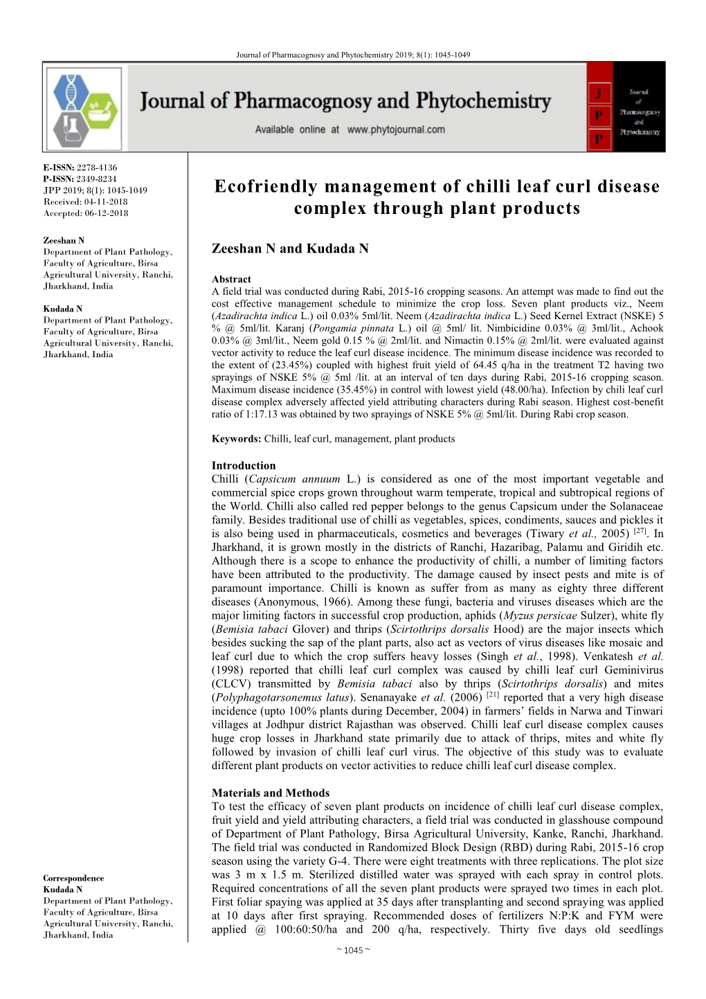 Ecofriendly Management of Chilli Leaf Curl Disease Complex Through Plant Products