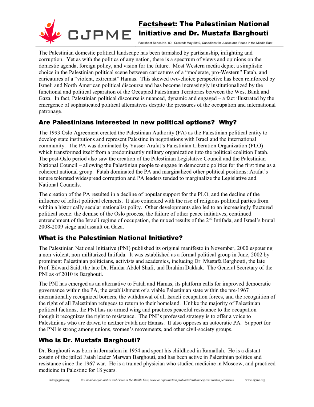 The Palestinian National Initiative and Dr. Mustafa Barghouti