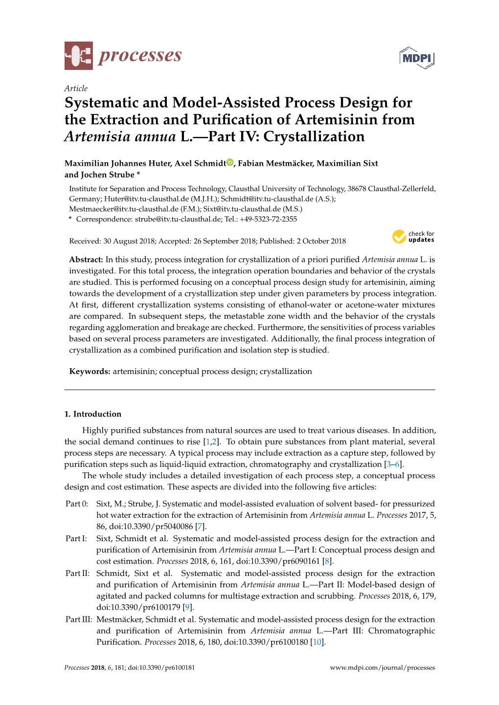 Systematic and Model-Assisted Process Design for the Extraction and Purification of Artemisinin from Artemisia Annua L.—Part IV: Crystallization