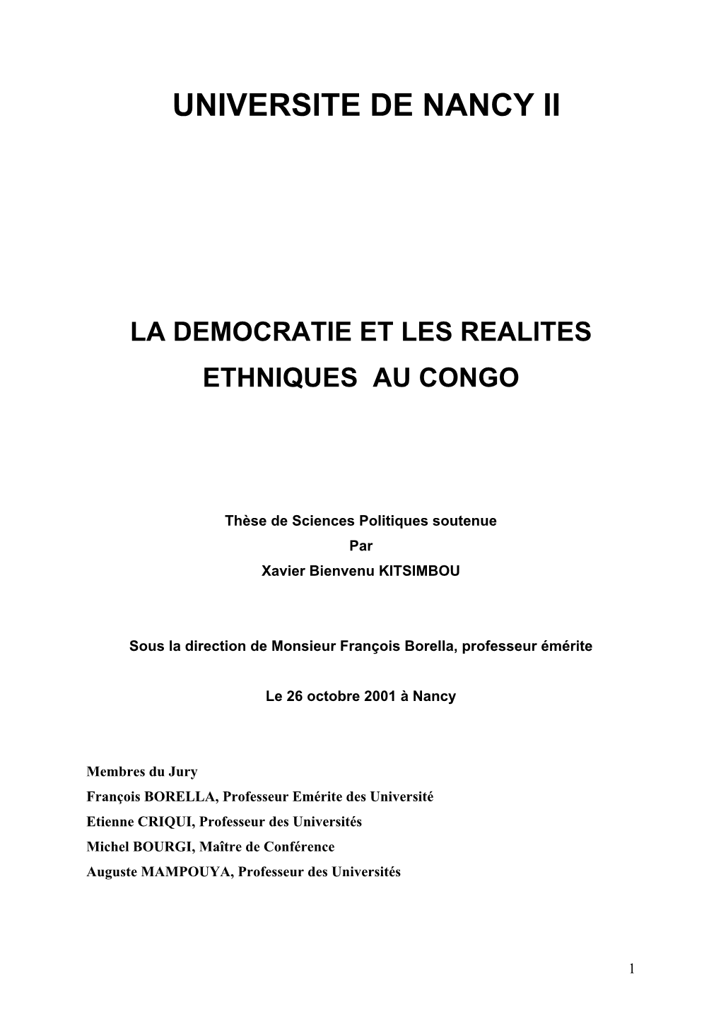 La Démocratie Et Les Réalités Ethniques Au Congo, Thèse De