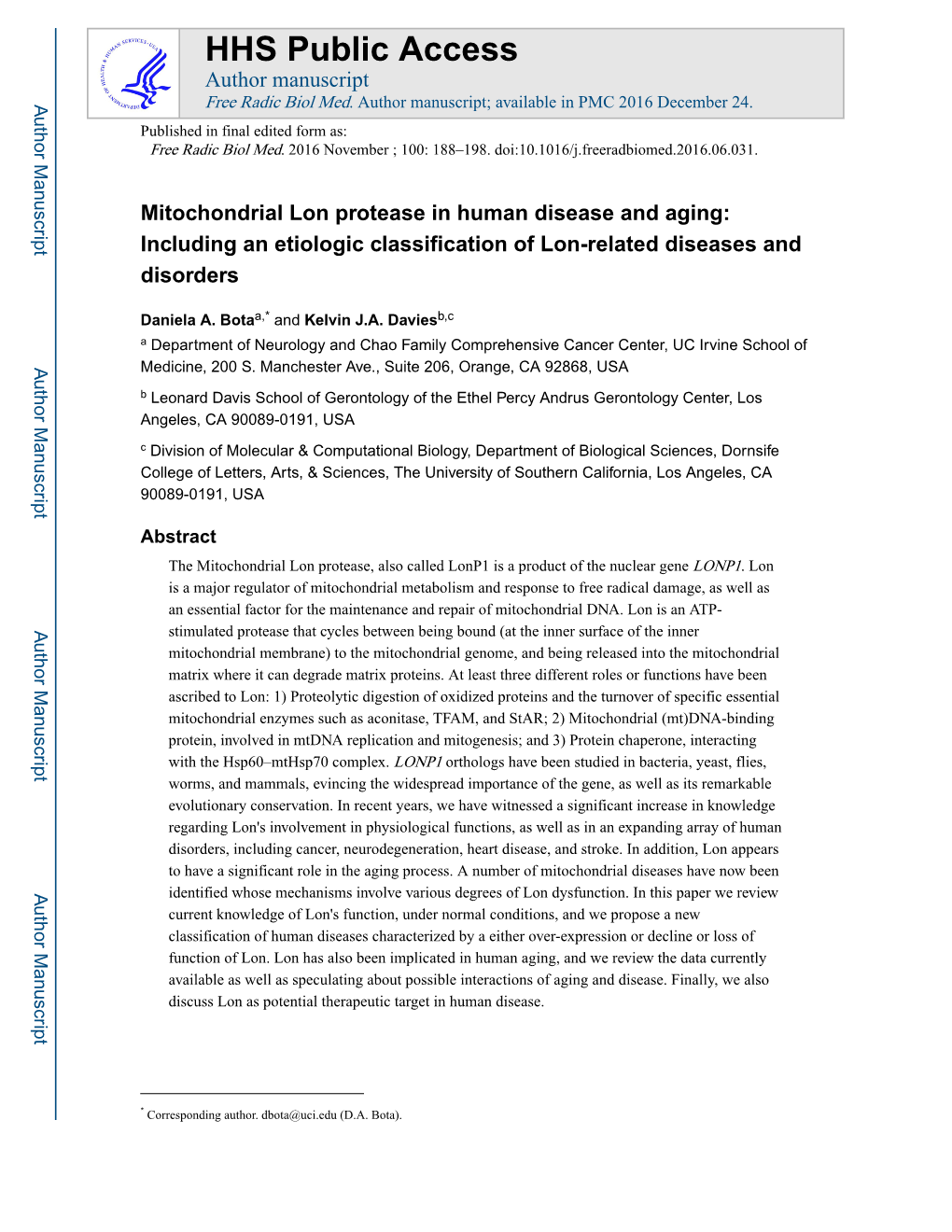 Mitochondrial Lon Protease in Human Disease and Aging: Including an Etiologic Classification of Lon-Related Diseases and Disorders