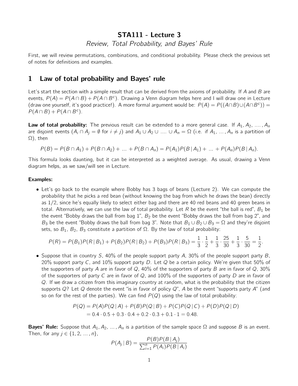 STA111 - Lecture 3 Review, Total Probability, and Bayes’ Rule