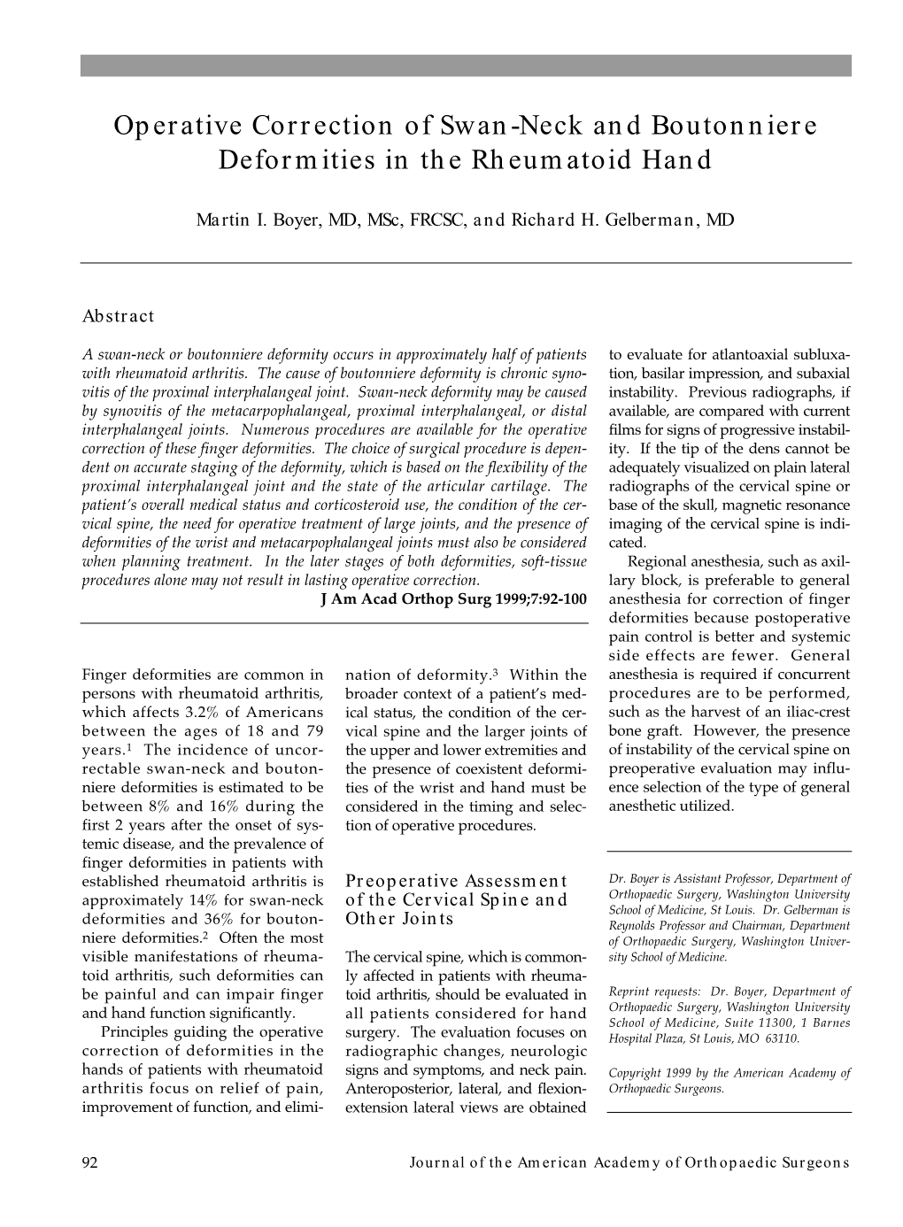 Operative Correction of Swan-Neck and Boutonniere Deformities in the Rheumatoid Hand