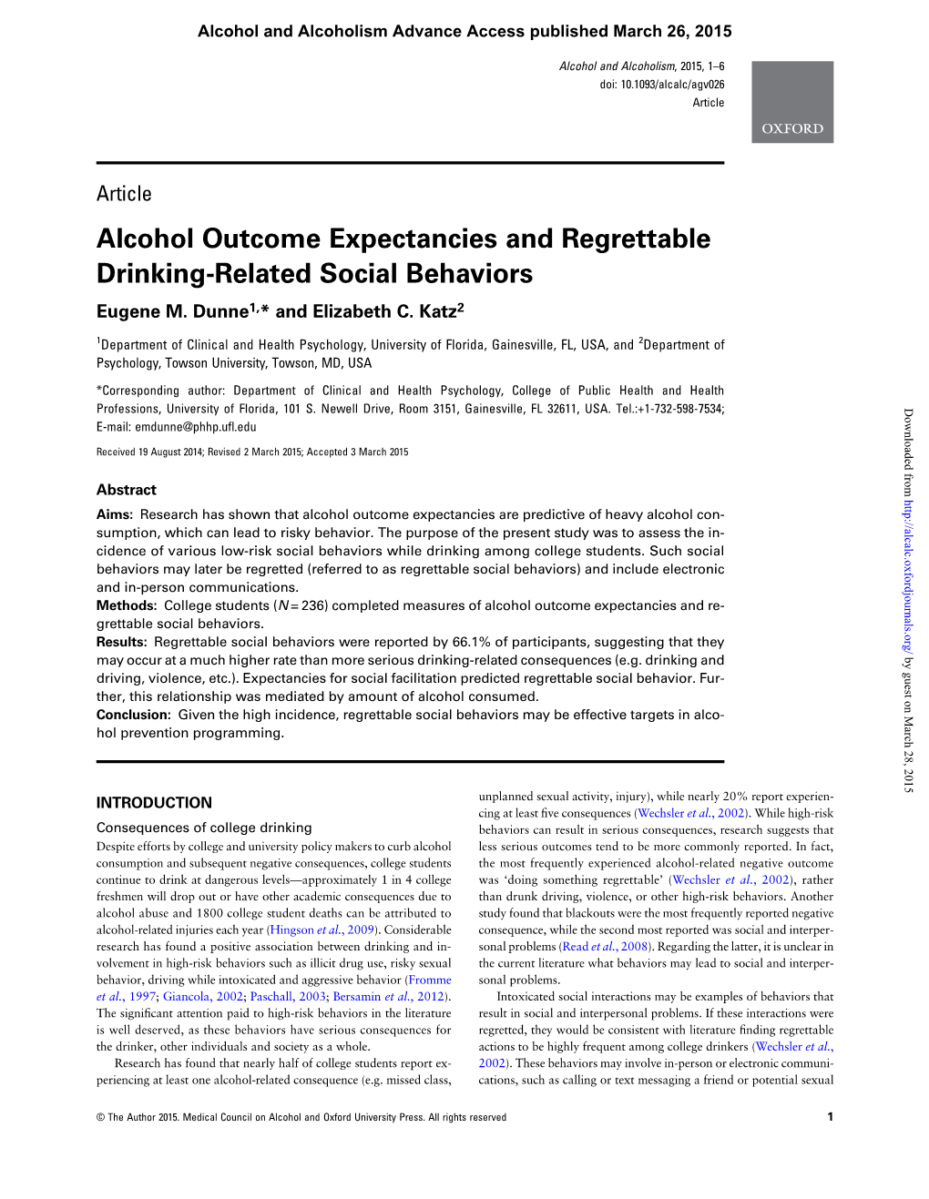 Alcohol Outcome Expectancies and Regrettable Drinking-Related Social Behaviors Eugene M