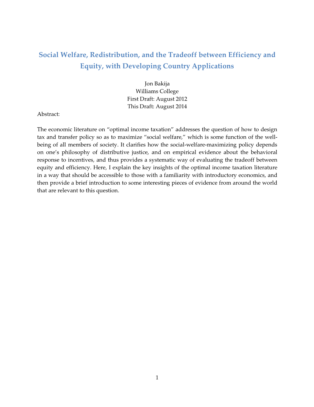 Social Welfare, Redistribution, and the Tradeoff Between Efficiency and Equity, with Developing Country Applications