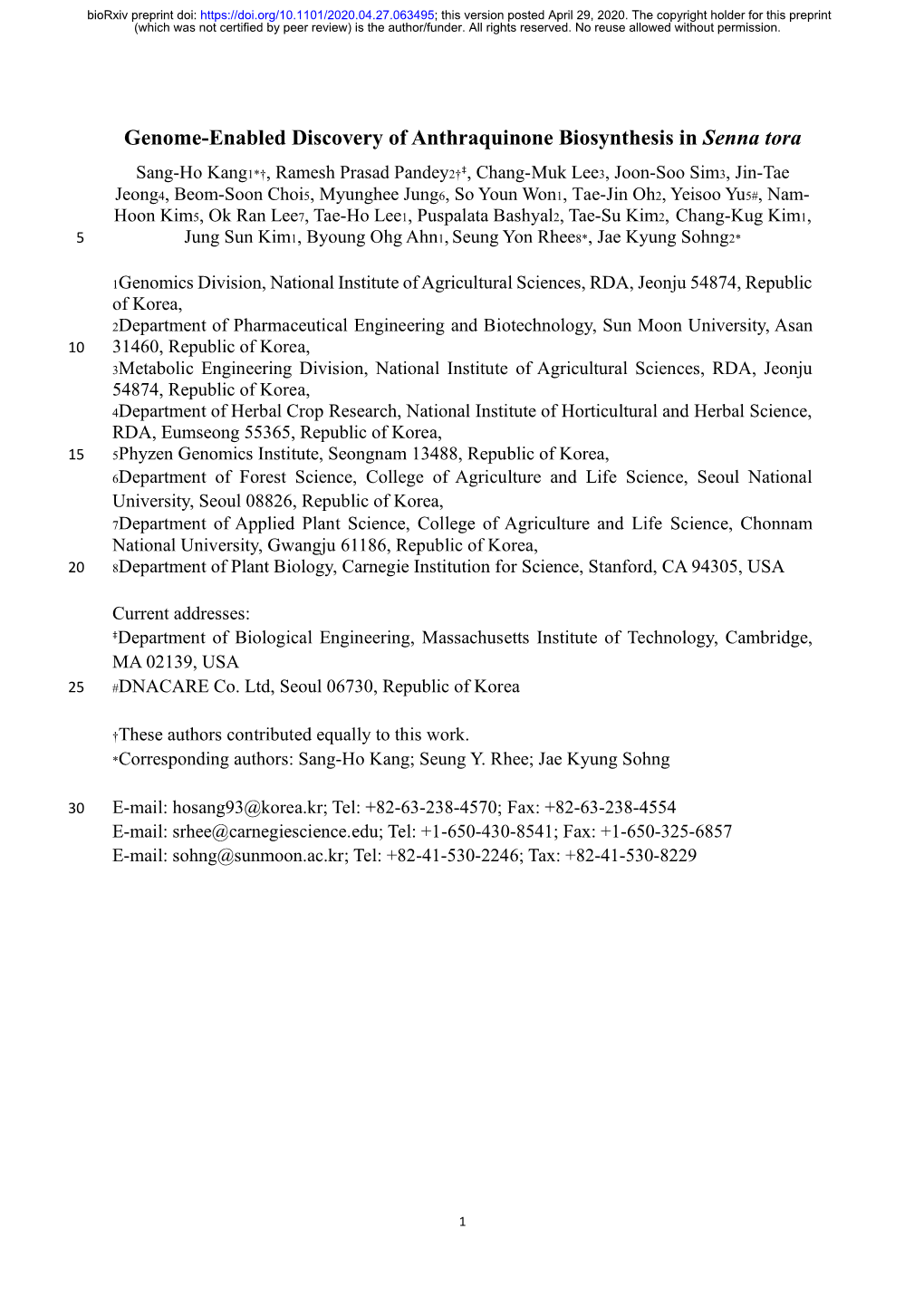 Genome-Enabled Discovery of Anthraquinone Biosynthesis in Senna Tora